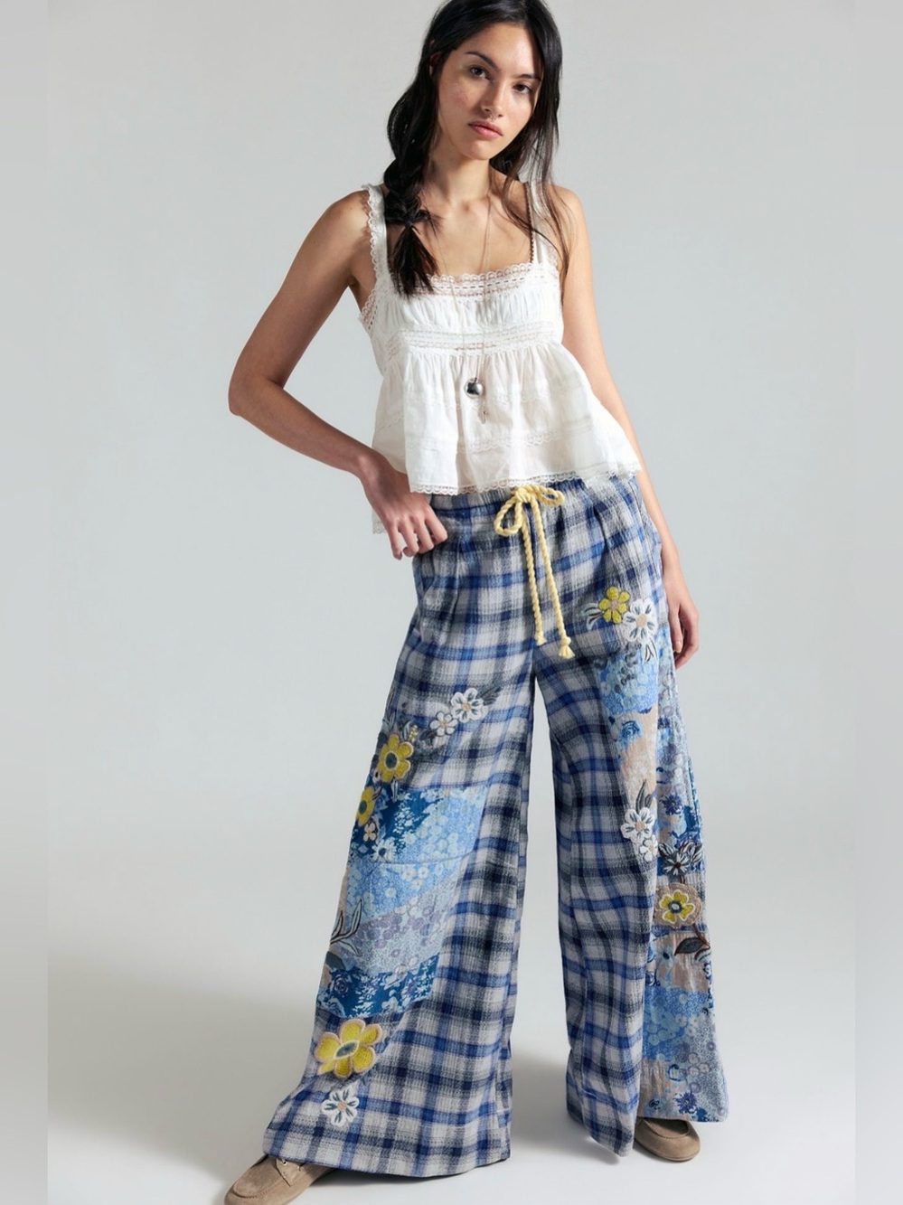 Free People Brooks Embroidered Wide-Leg Patchwork Pant NWT Size XS